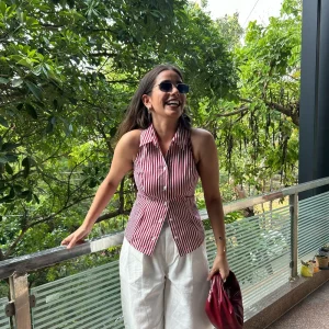 red stripe halter neck fitted shirt for women